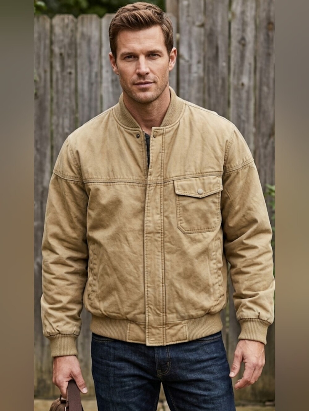 Men's Tan Bomber Jacket - Classic Casual Coat